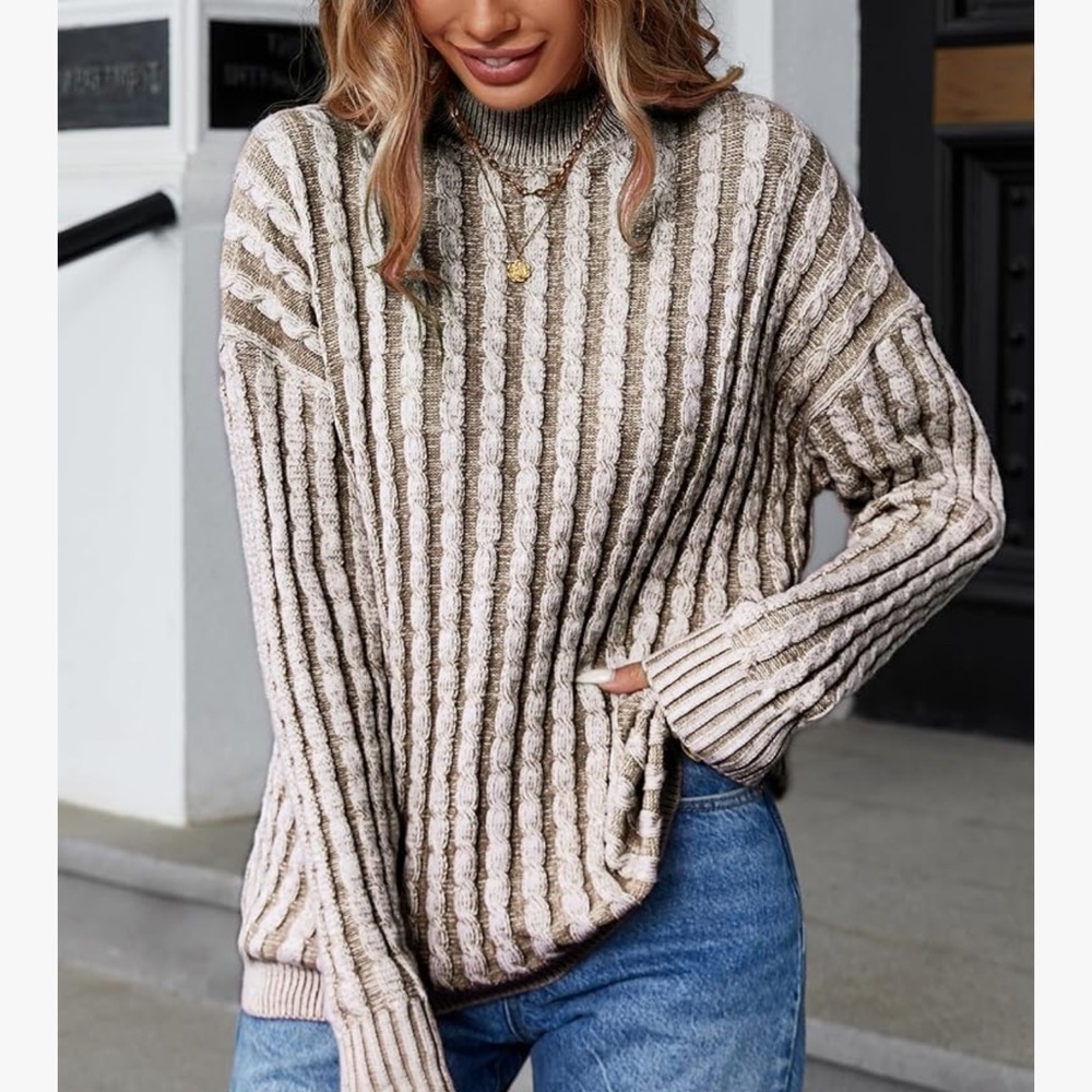 Chic Nation Beige and Brown Striped Turtleneck Sweater